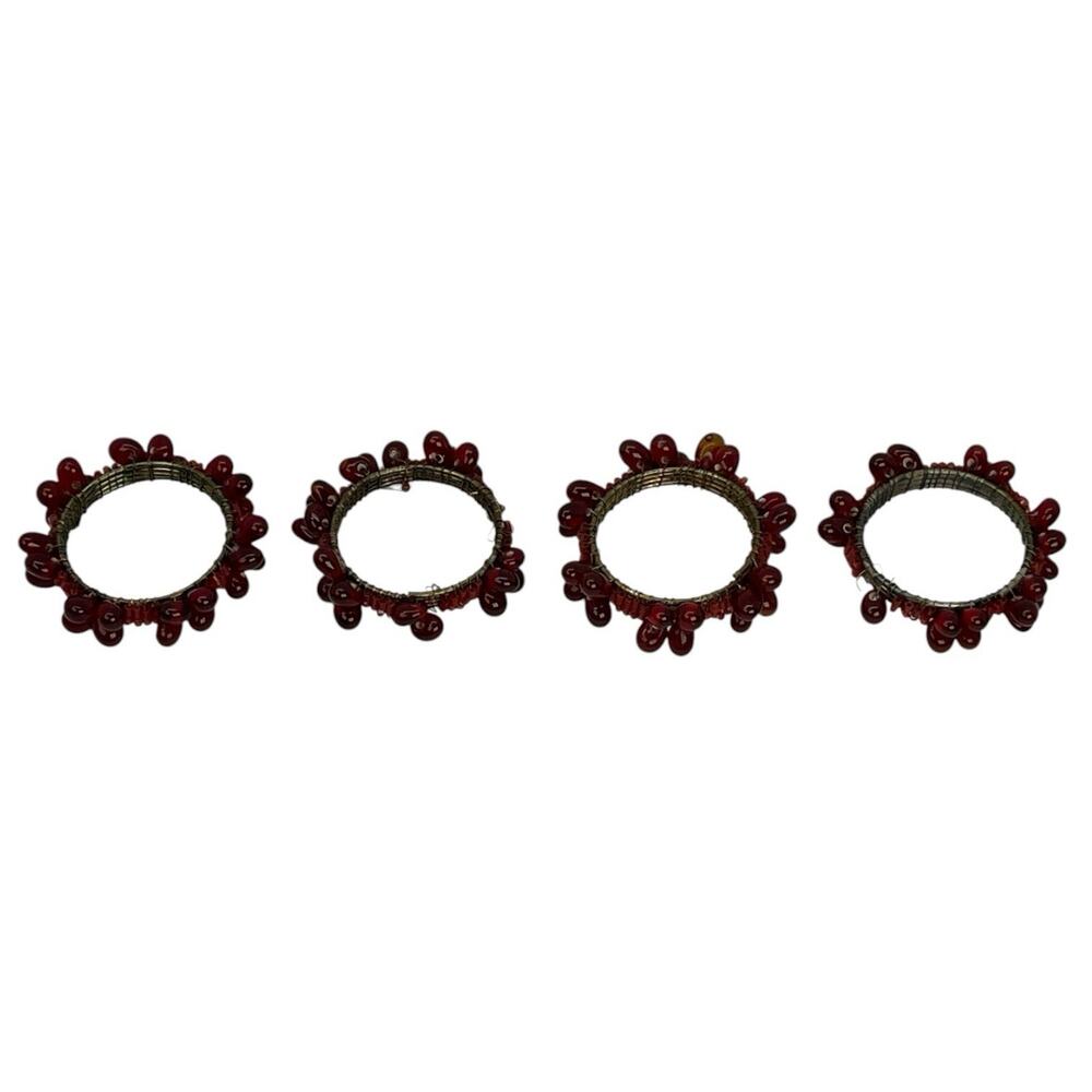 Set of 4 Bodrum Red Blossom Beaded Napkin Rings Glass Beads Holiday Gold